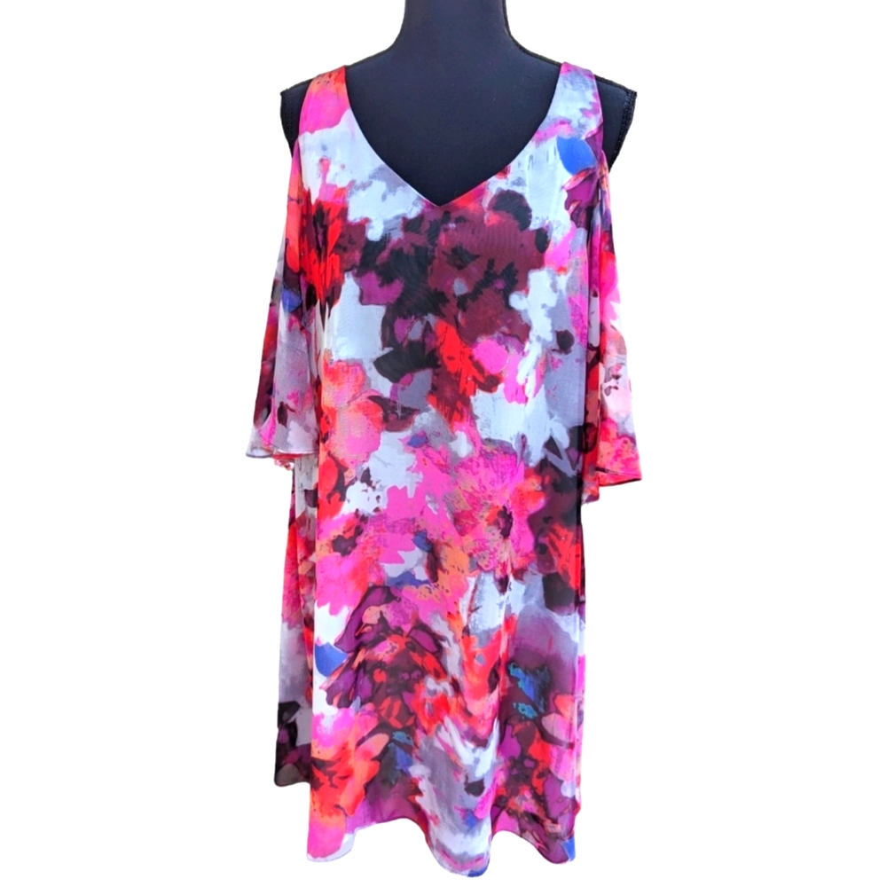 Cold Shoulder Chiffon Dress Red and Pink Watercolor Sz 10 Maggy London